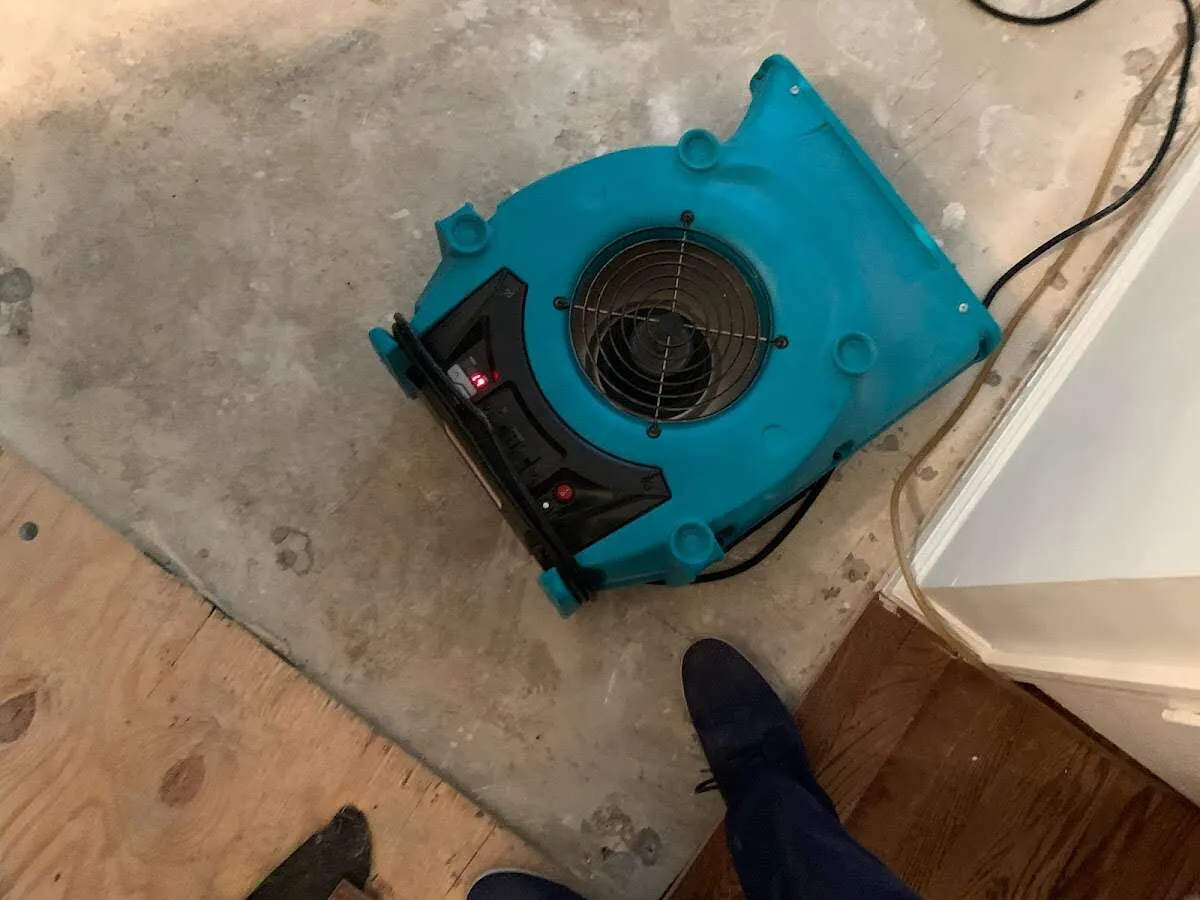 Air mover drying subfloor during Commercial Water Damage Restoration in Freetown